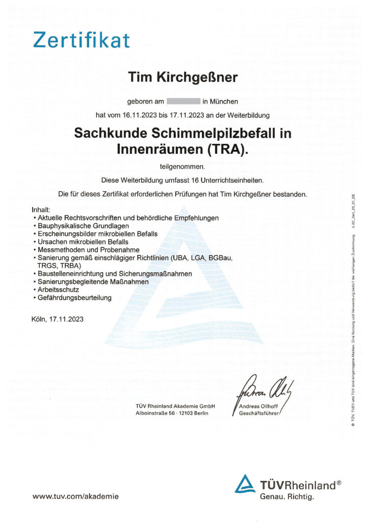 TÜV Zertifikat Schimmelpilzbefall in Innenräumen